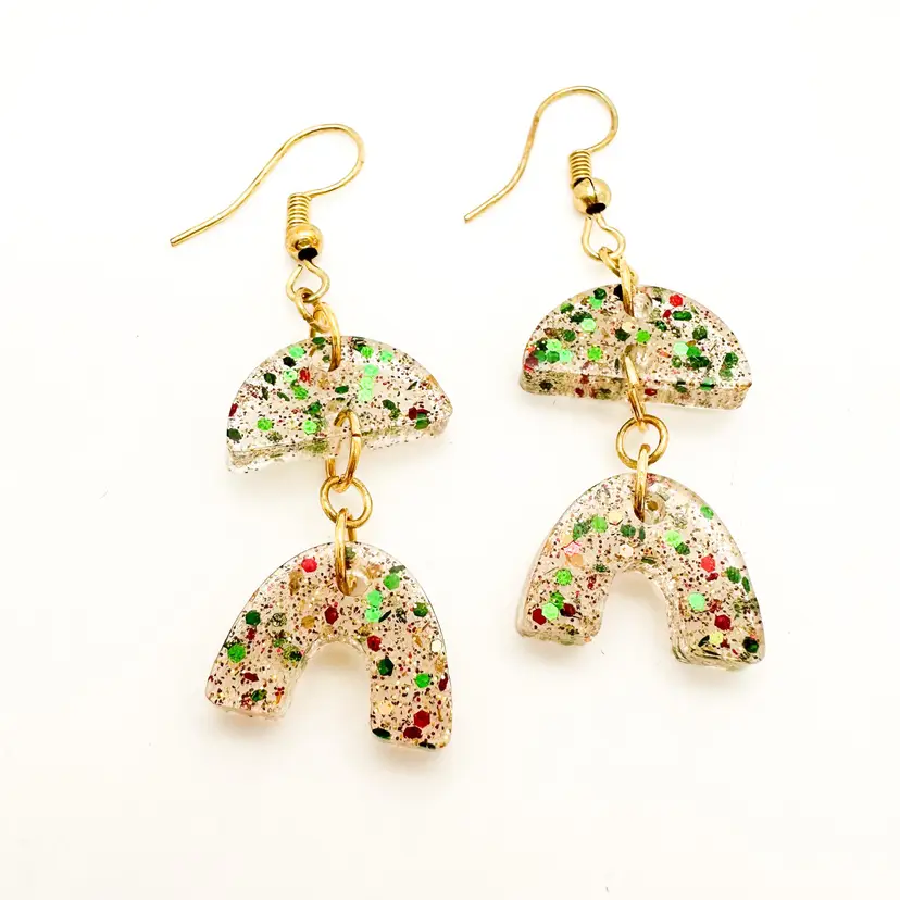 Christmas Colors Dangle Resin Earrings Red Green Gold Tone