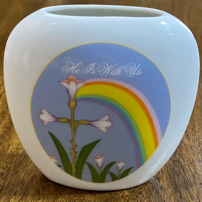 Vintage Enesco Rainbow Vase “He Is With Us”