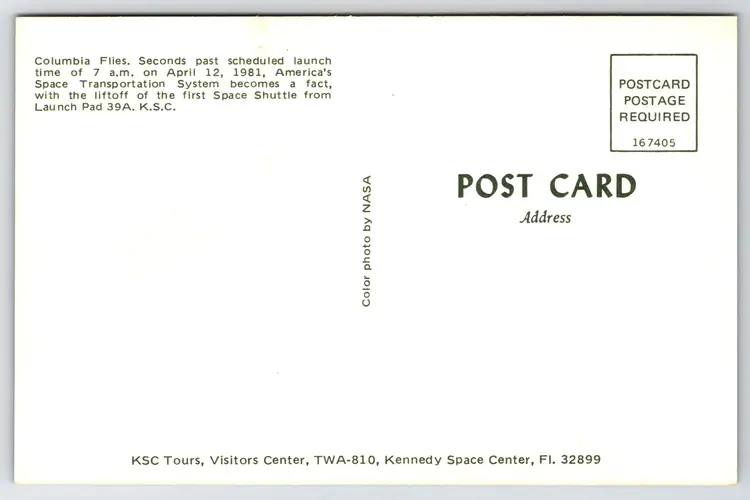Postcard NASA Kennedy Space Center Space Shuttle Columbia Flies Launch 1981 -  9716