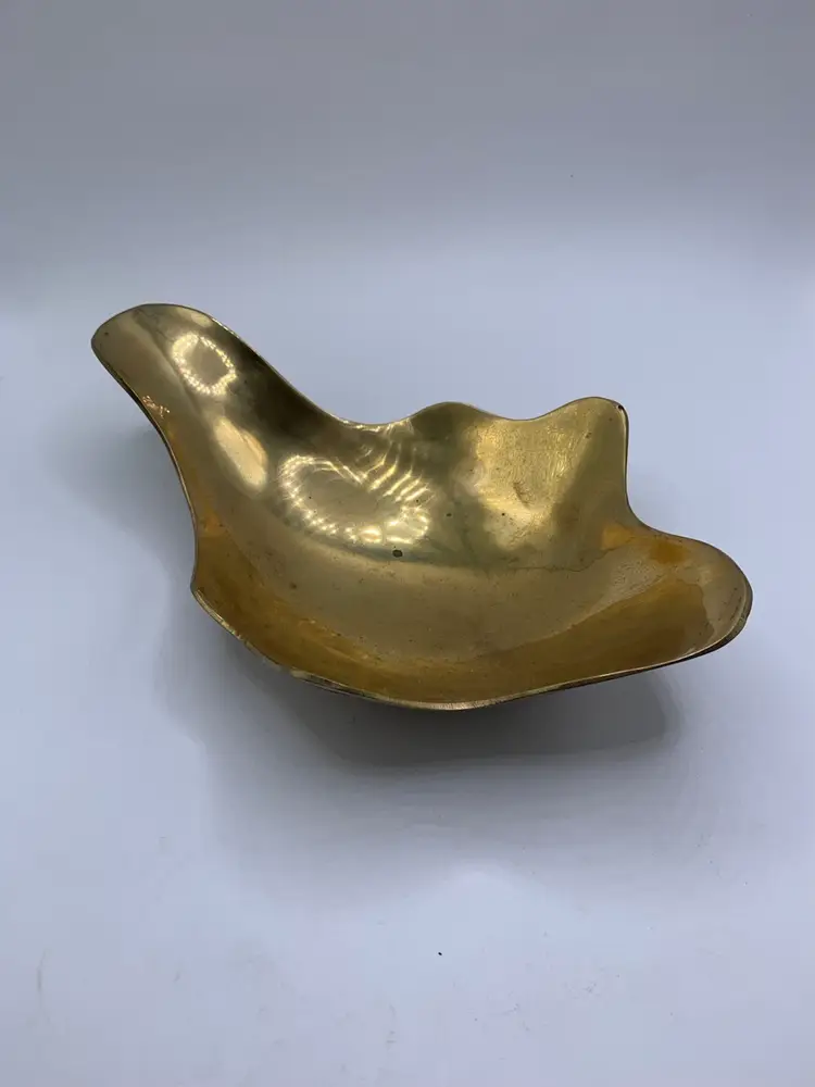 Brutalist Freeform Brass Bowl Etched - Centerpiece Mid-Century Modern 9.25” Long