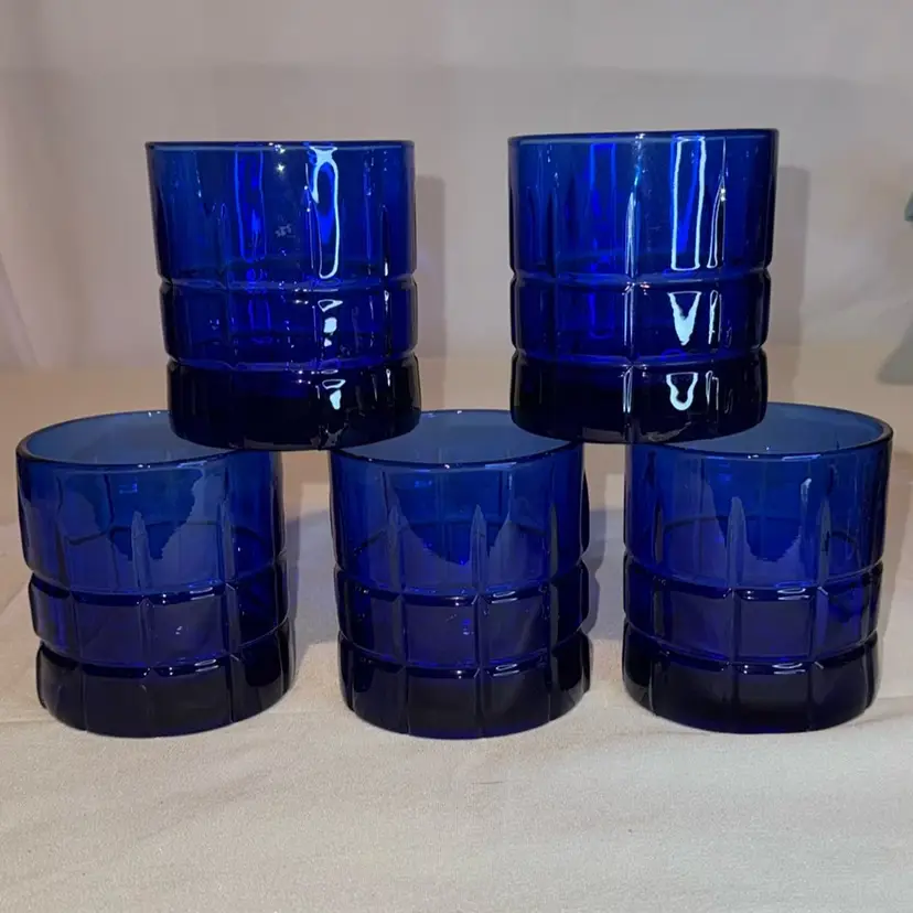 Vintage Anchor Hocking Tartan Cobalt Blue Glass Tumblr (12oz) Set Of 5