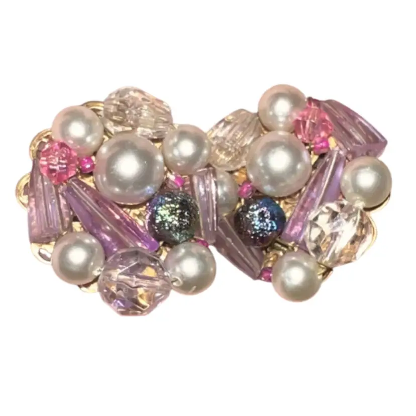 Vintage Wired Filigree Back Cluster Earrings UV glow! Pink Glass And Faux Pearl