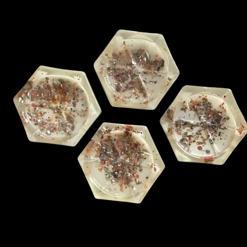 Amazing Vintage Lucite And Broken Shell Coasters 3.25 Inches Across