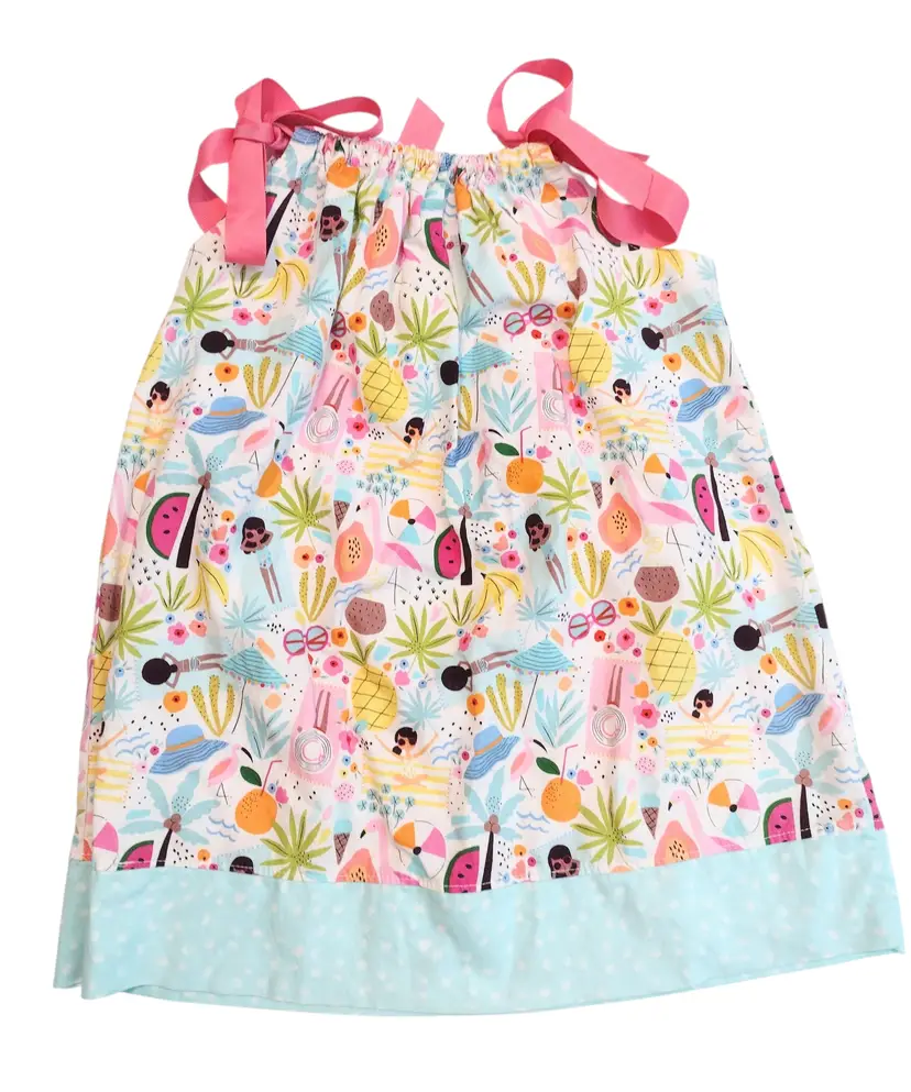 Handmade Girls Cotton Summer Beach Print Sun Dress Size 6-8 Watermelon Tropical