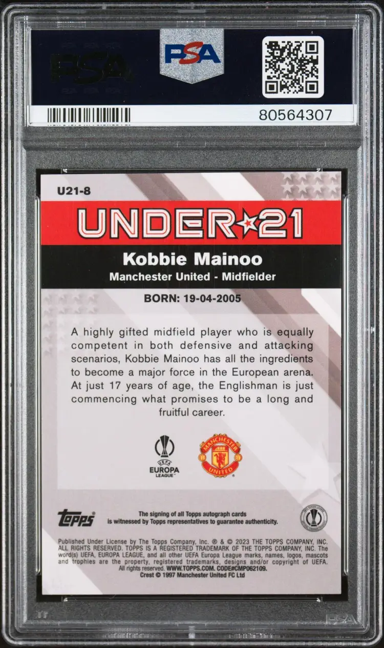 Kobbie Mainoo Topps Merlin Under 21 Stars Auto RC PSA 9 Manchester United