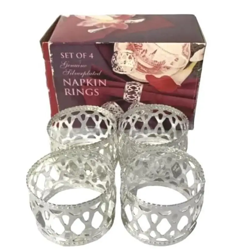*NIB* Vintage 4 Silver Plated Filigree Design Napkin Rings Beautiful
