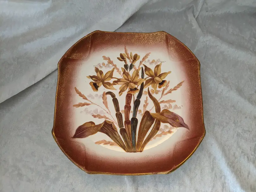 Antigue Plate Dis Hand Painted Flowers Outlined in Gold Numbered 11in Inpressed Mark 1888