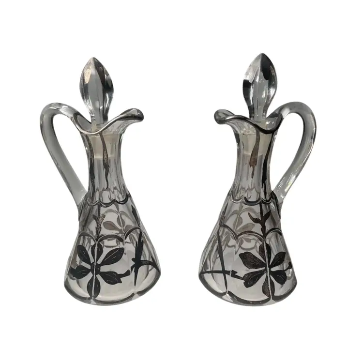 Antique Silver Overlay Glass Oil Vinegar Cruet Set w Stoppers Flowers Floral Design 6.5"