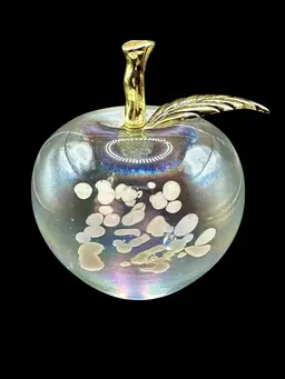 Vintage Albert E. Price Iridescent Glass Apple Paperweight w/ Brass Stem & Leaf