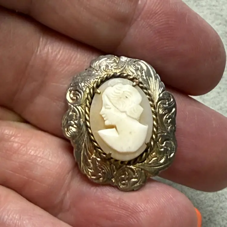 Vintage Genuine Carved Shell Embossed Floral Border Brooch Pin