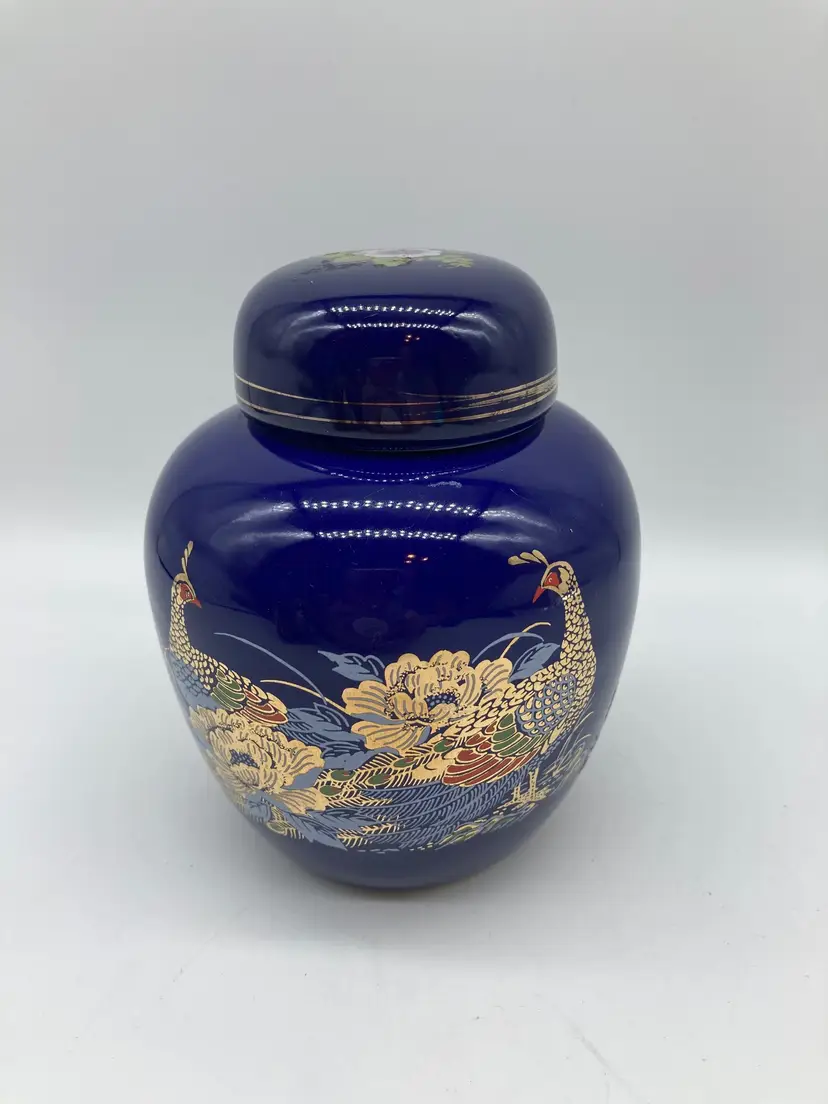 Vintage Porcelain Ginger Jar w/ Lid Cobalt Blue With Gold Painting, Peacocks