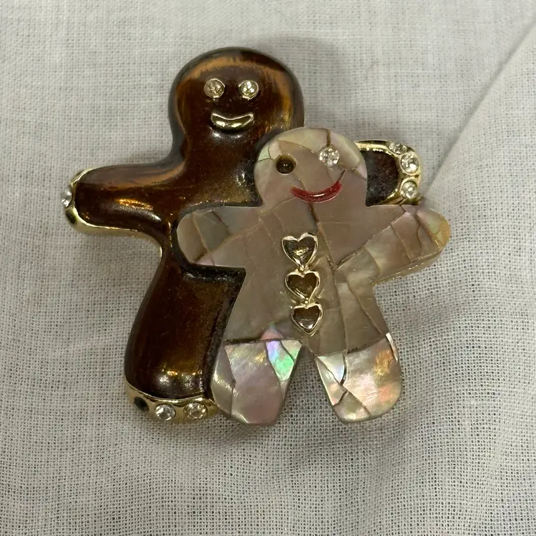 Vintage Brown Enamel, Mother Of Pearl, And Rhinestone Gingerbread Man Brooch