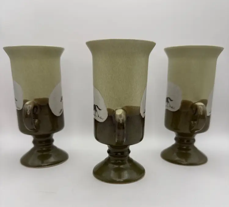 Vintage Otagiri Stoneware Irish Coffee 3 Mugs Pedestal Running Horses Japan 5.5 in Tall