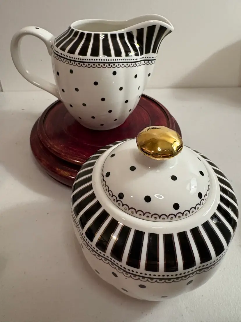Grace’s Teaware Josephine Black Polka Dot Creamer Sugar Bowl w/Lid 50s Influence