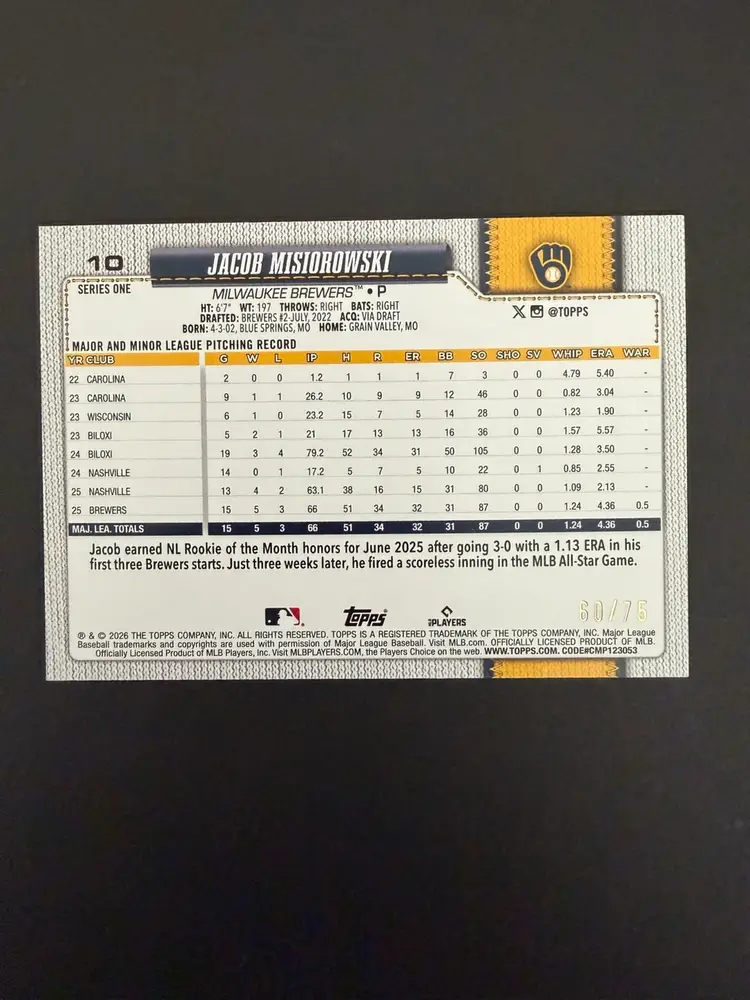 2026 Topps Jacob Misiorowski RC 75th logo /75