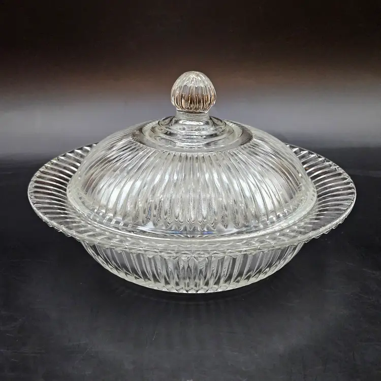 Queen Mary Depression Glass Lidded Butter Preserves Dish  Anchor Hocking Ribbed