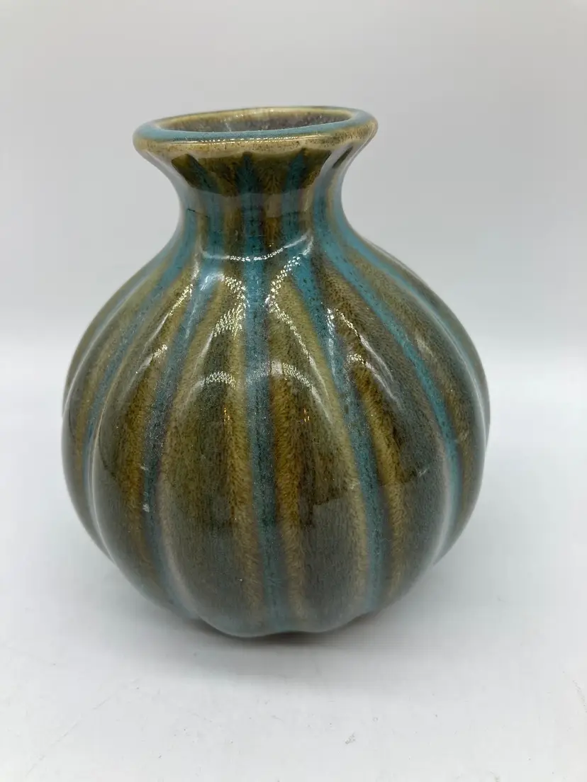 vintage sphere-shaped art pottery bud vase ribbed design blue and green glaze