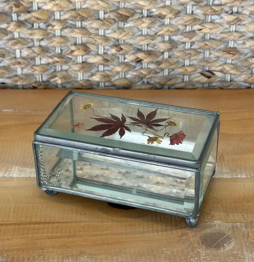 Vintage Glass Jewelry Box with Dried Pressed Flowers and Leaves with Mirrored Bottom 3.5” X 6”