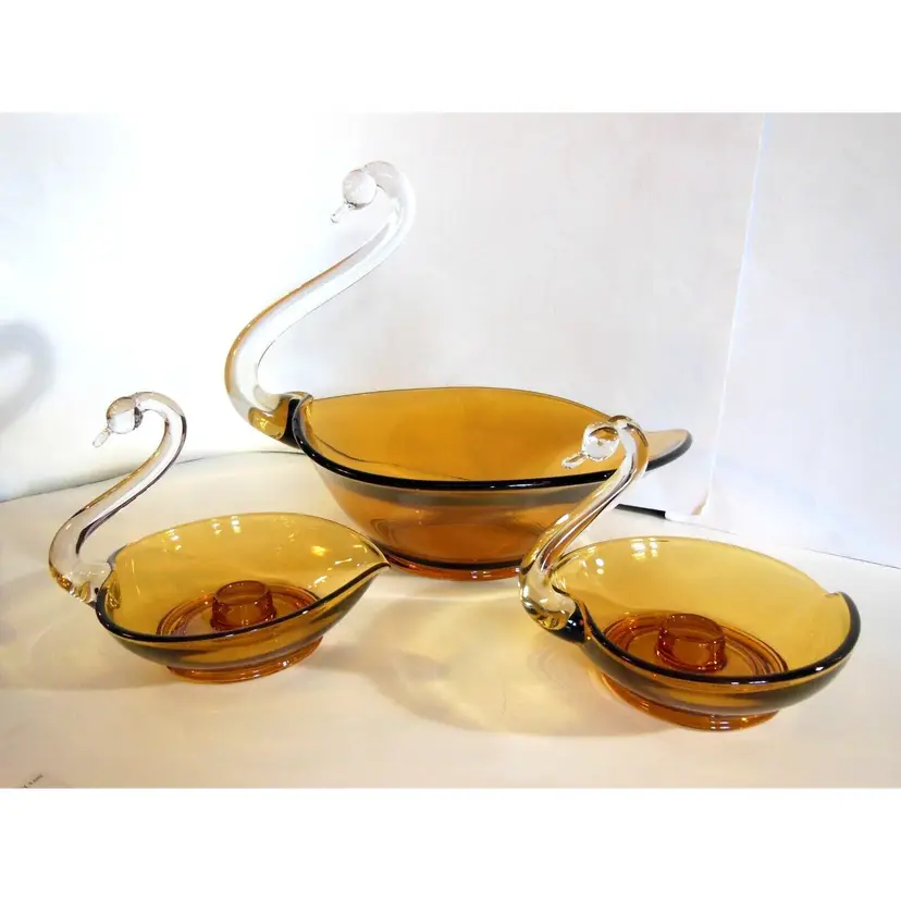 Viking Glass Vintage, RARE 3 Piece MCM Clear & Amber, Swan Console Bowl & Candle Holder Set