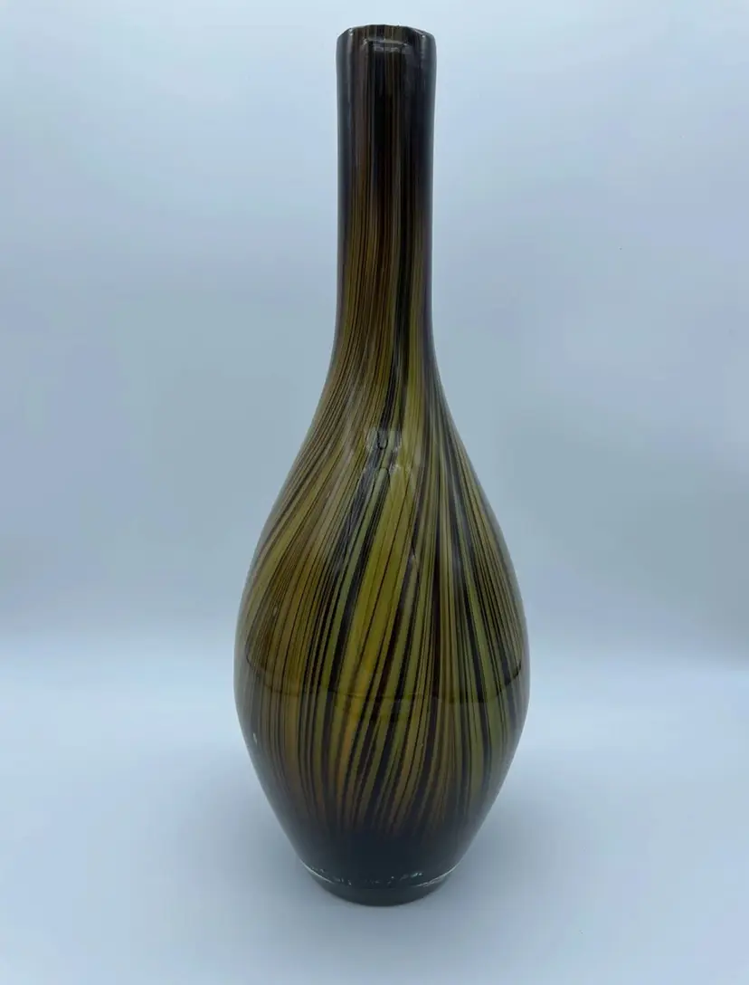 Murano Hand Blown Art Glass Vase – Brown and Gold Pinstripe Swirl Design | Vintage Italian Glass | Mid-Century Style