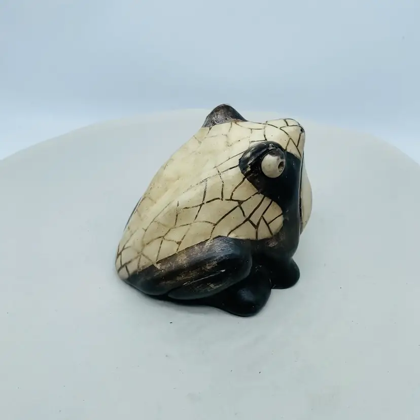 #3012 Signed Pottery Frog Figurine - Terracotta Blackware - Painted Mosaic Design - Uruguay 1988
