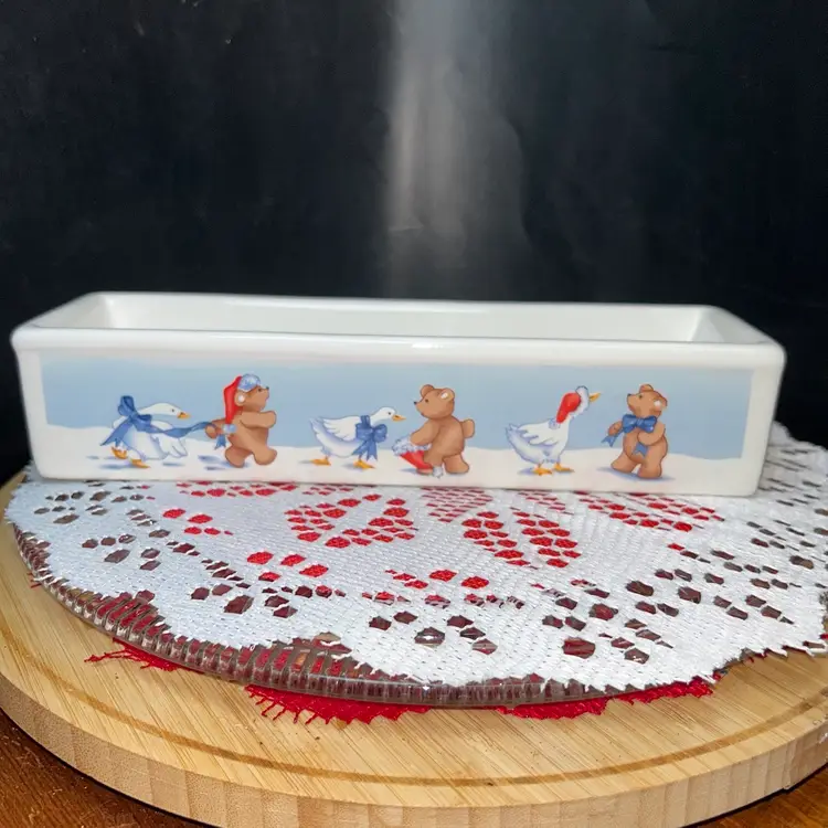Vintage Trough-type Candle Holder Or Dish Goose W/ Blue Bow And Bear