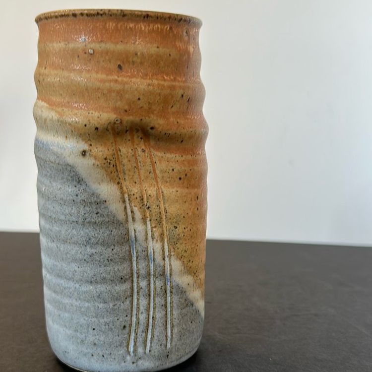 #630 handmade unglazed signed studio pottery vessel vase hand dent on both sides