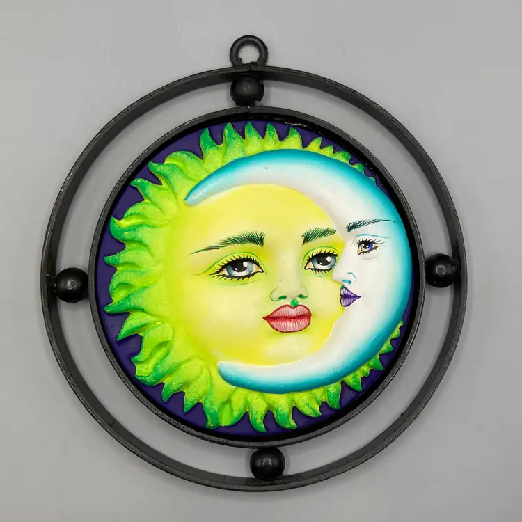 Hand Painted Sun & Moon Wall Hanging with Wrought Iron Frame