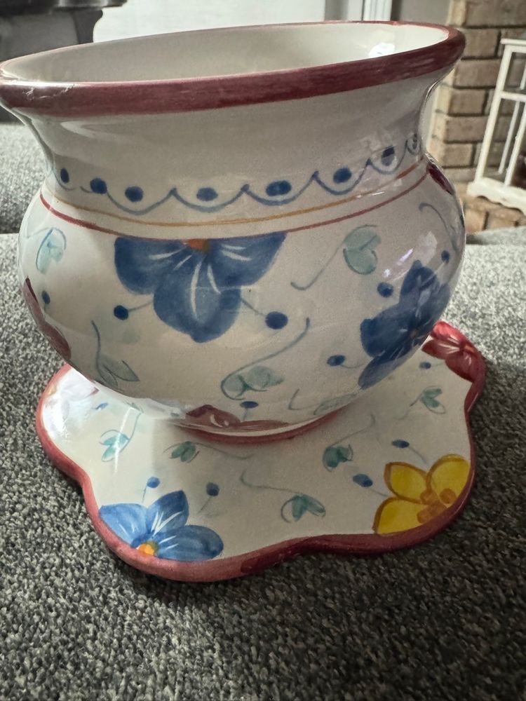 Signed Hand Painted Ceramic Planter With Matching Saucer