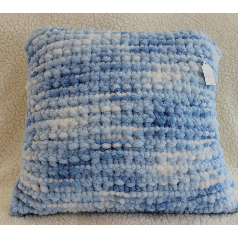Hand Loom Knit Pillow Blue White Combo Reversible "Be Brave Little One"