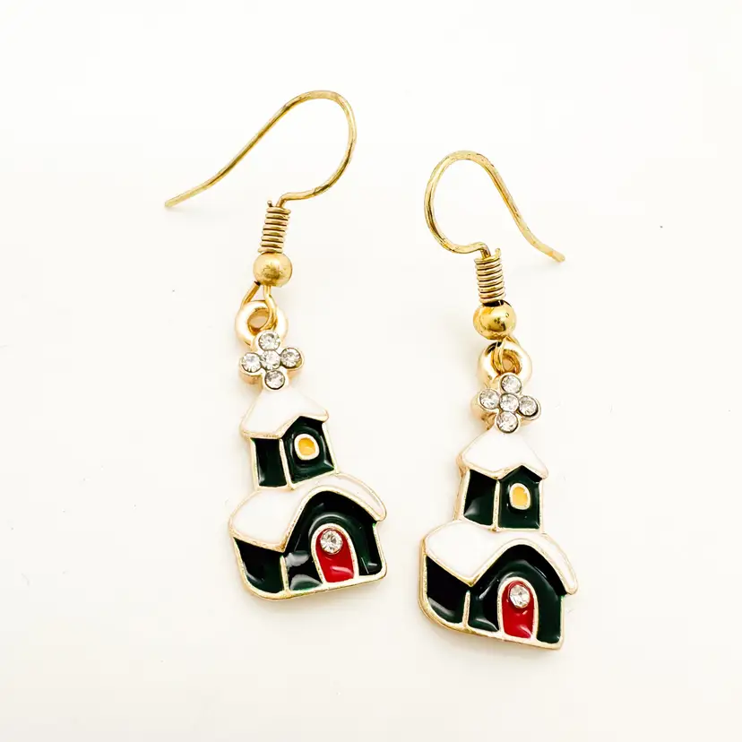 Christmas Church Dangle Earrings Gold Tone Enamel