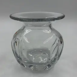Vintage Blenko Hand Blown Clear Glass Vase With A Wide Rim And Ribbed Sides. Uv Reactive Under 365 Black Light