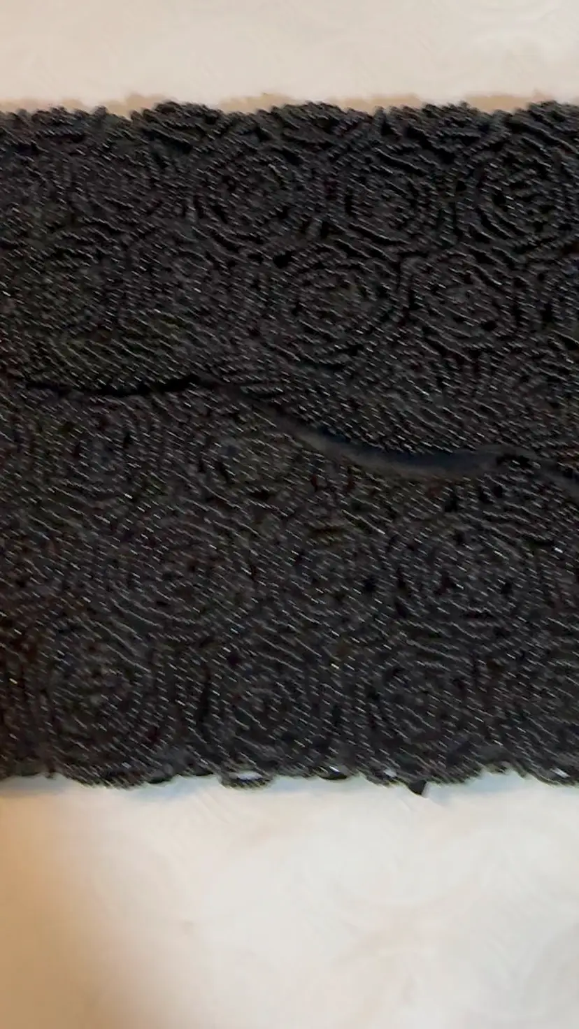 Vintage Hong Kong Black Beaded Rose Design Clutch Purse