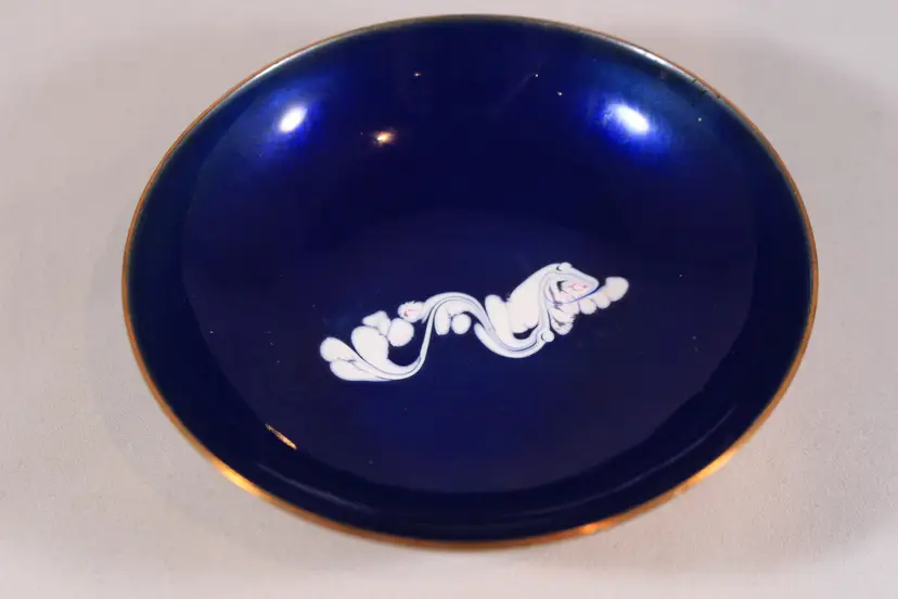 Leon Statham Signed Cobalt Blue White Swirl Enamel on Copper Bowl - 4" Wide