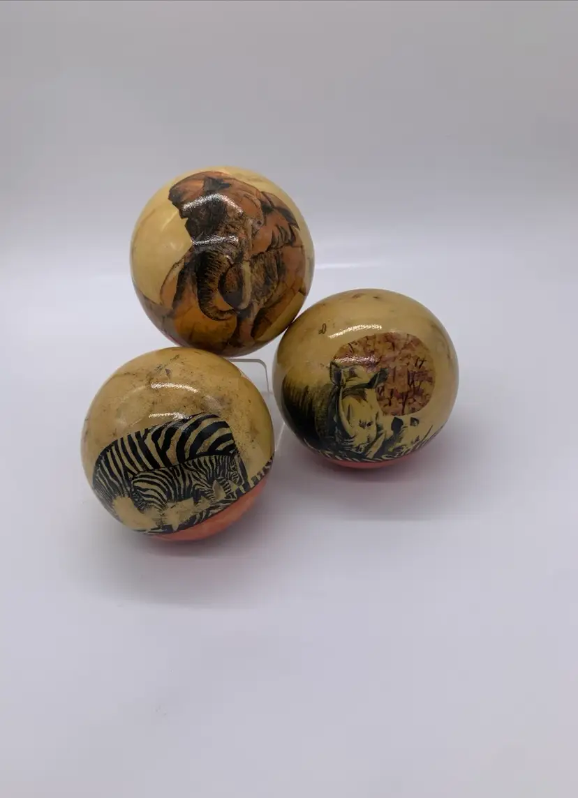 Lot Of 3 Medium Vintage Decoupage Patchwork Safari Style Decorative Gourds