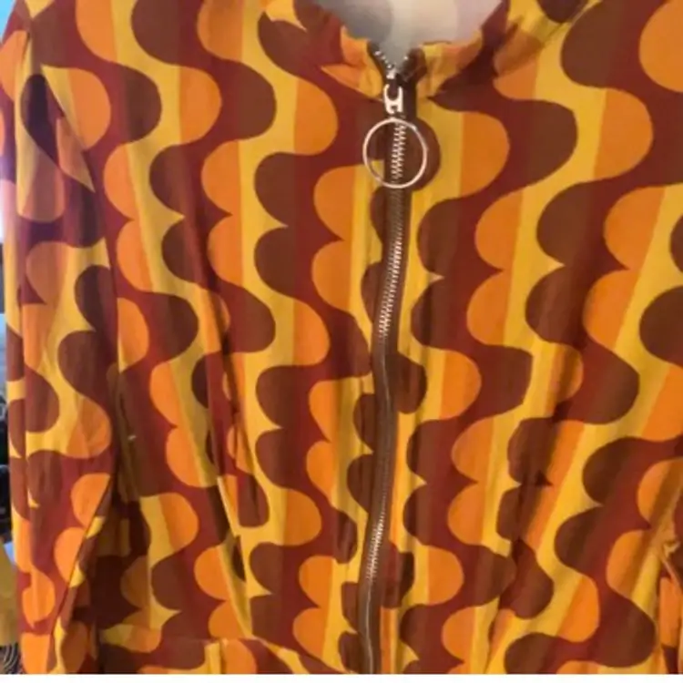 Romper VINTAGE Groovy Fall Colors Front Zip Apx Soft Denim Feel Apx 16.5 PTP