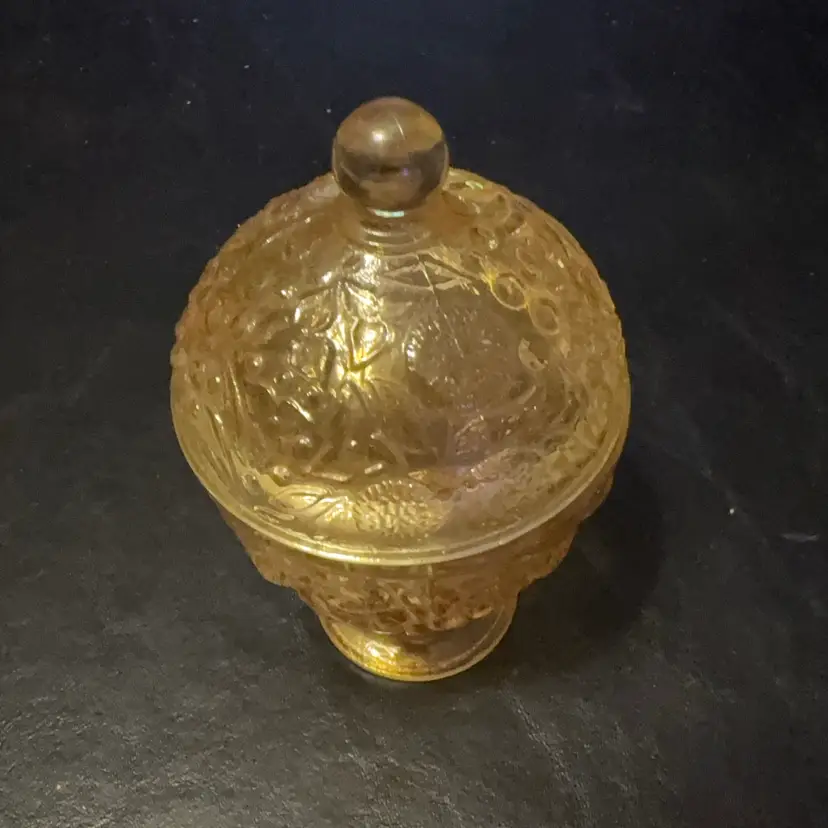 041. Vintage 1960’s Avon Amber Glass Floral Embossed Candy Dish