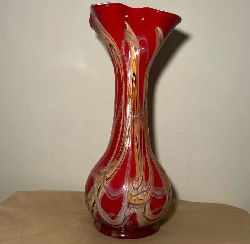 Vintage Essie Zareh Art Glass Ruffled Russian Baijan Red Swirl Vase