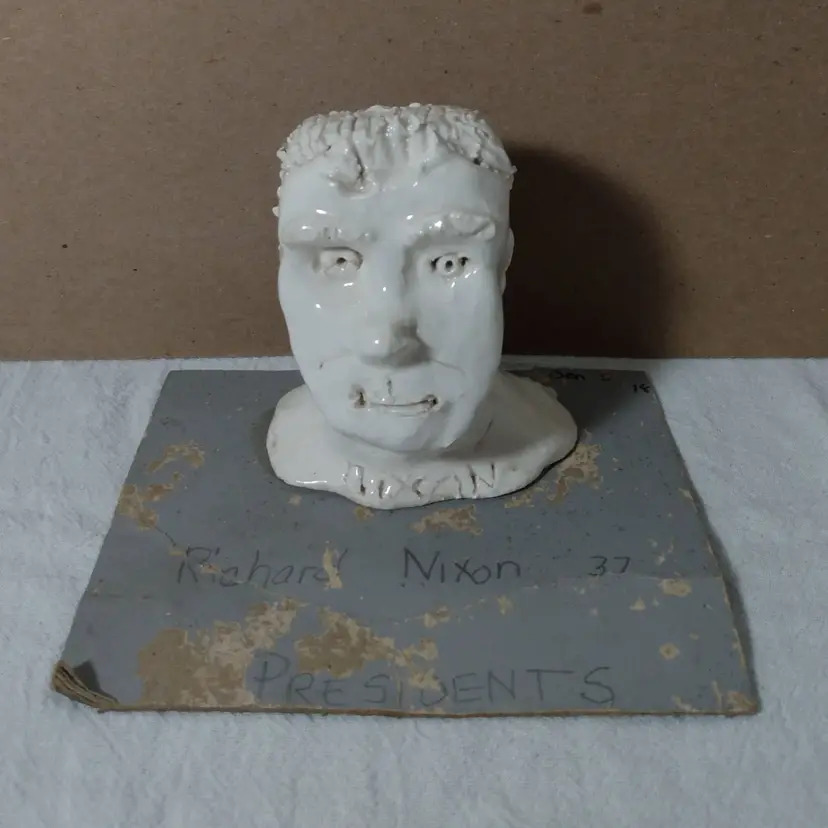 Handmade Pottery Bust Richard Nixon White Clay 3 1/2" Unique!