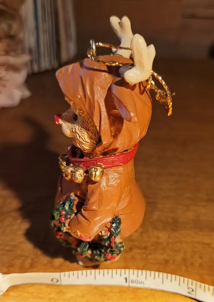 Vintage Christmas Teddy Bear Ornament Dressed as a Reindeer Holding a Wreath c.1990s