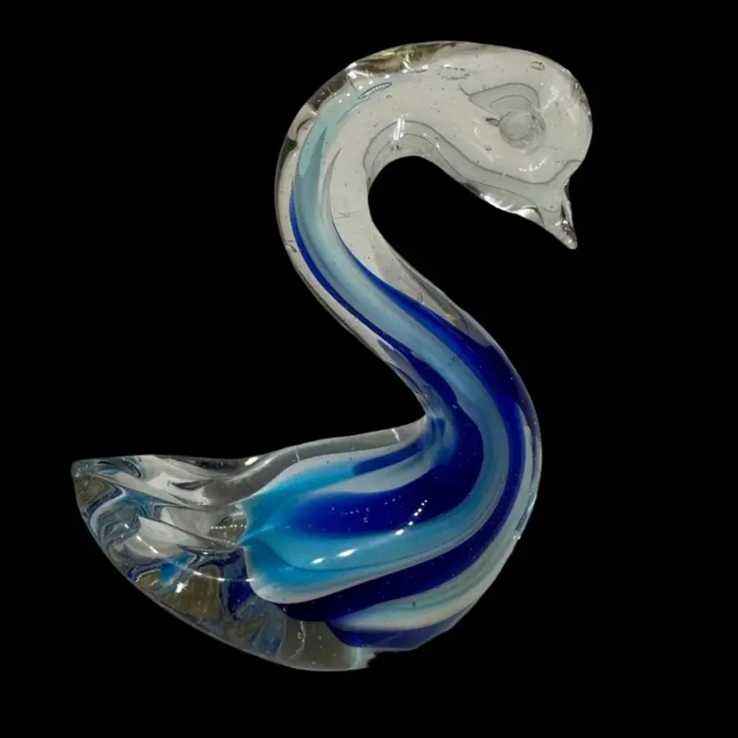 Art Glass Swan Bird Chick Paperweight Blue White Swirl.