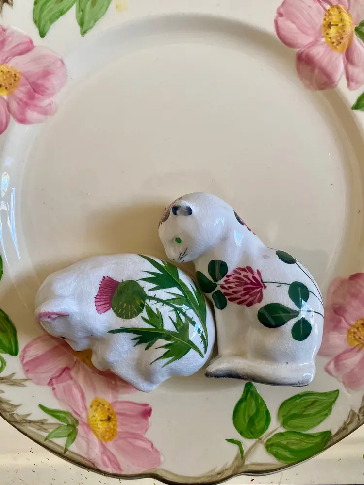 Vintage English Plichta Wemyss Thistle Flower Floral Cat and Bear Figurines | Hand painted Pottery Decor | London England