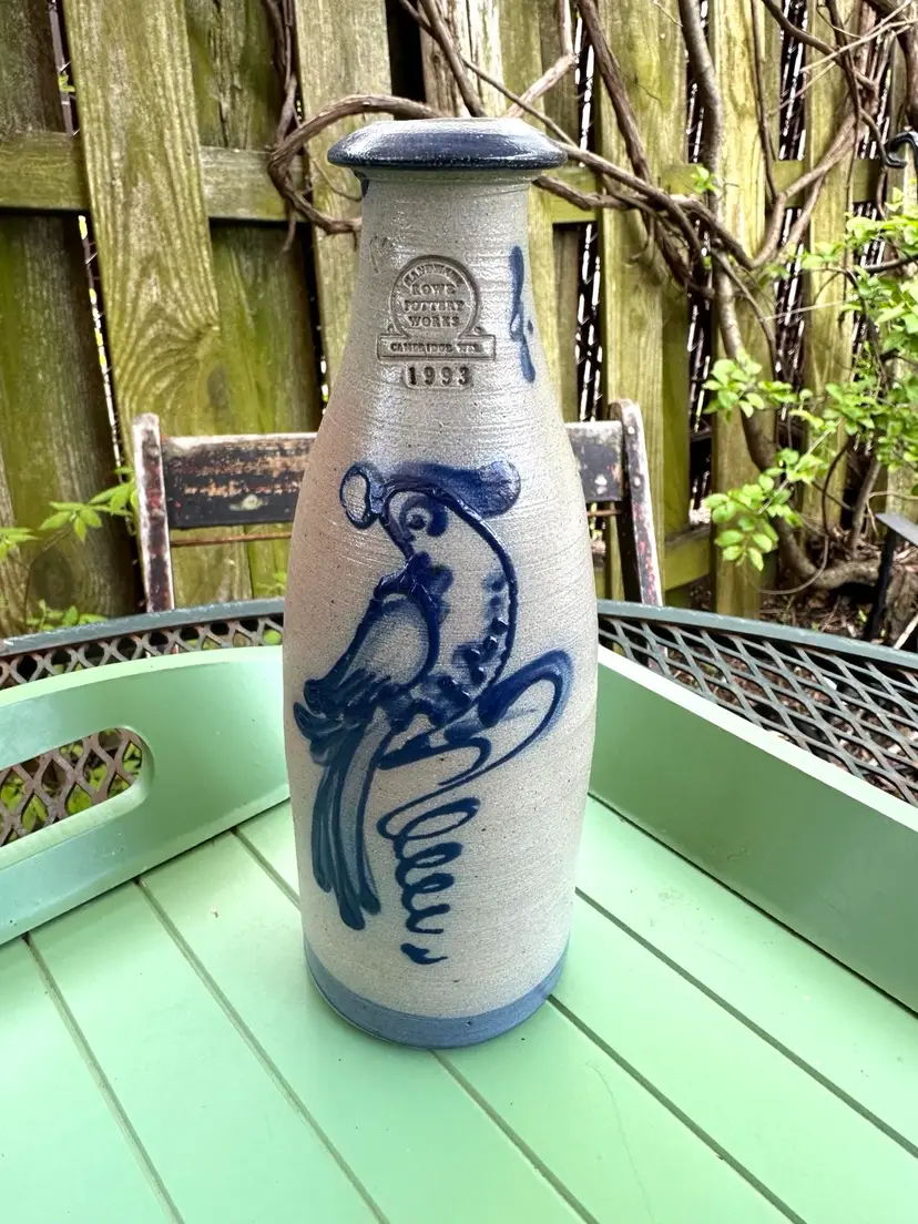Vintage Rowe Pottery Salt Glazed Stoneware Bottle Vase Signed Anne Peggs 1993 Bird On It