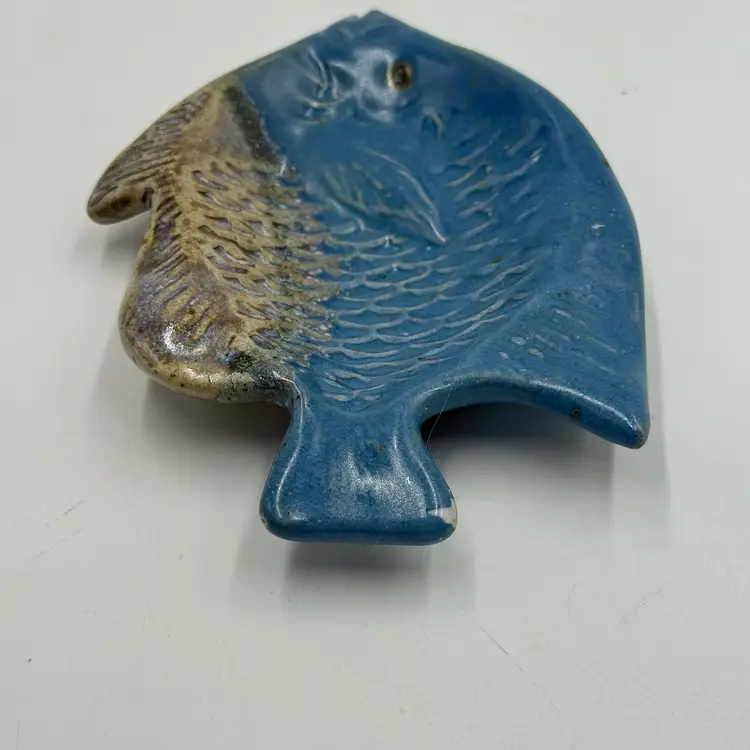 Steve Nedza USA Greenbriar Pottery Fish Trinket Tea Bag Holder Blue Grey Dish Stoneware Signed