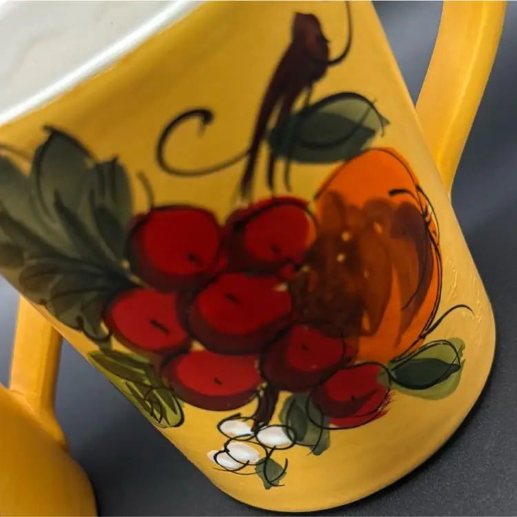 Mustard Yellow Hand Painted In Italy Fruit Mugs