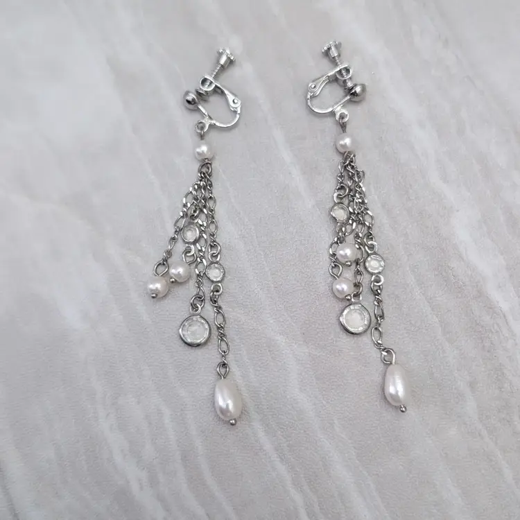 Vintage Clip On Earrings Silver Tone, Clear Gem, Faux Pearl 3" Very Long Dangle