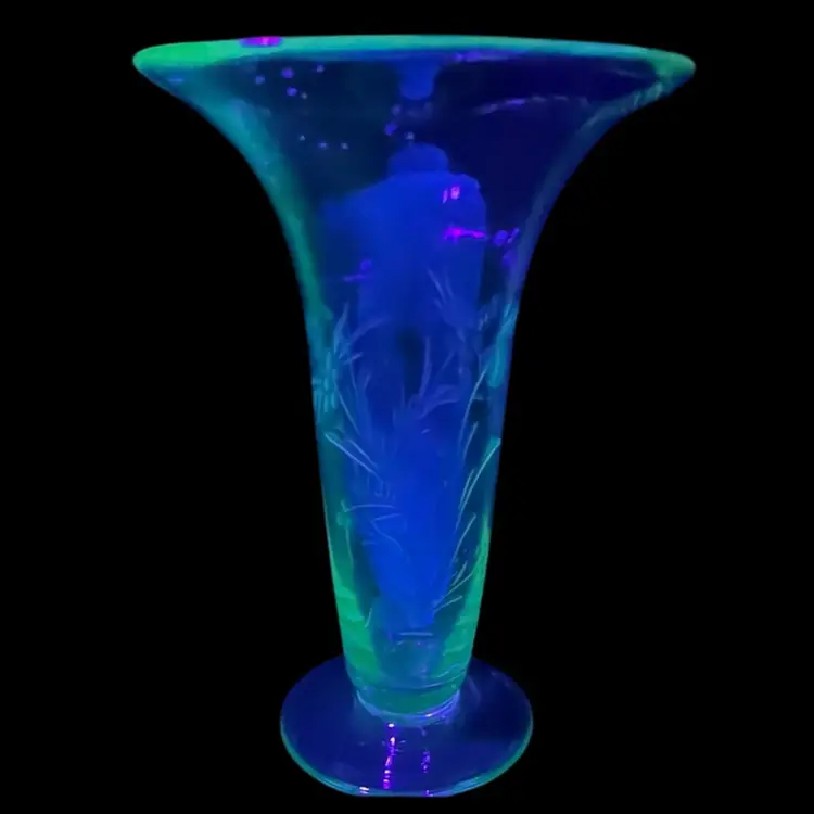 Vintage UV Glass Vase Blown GlassCut & Engraved Grass  Pattern