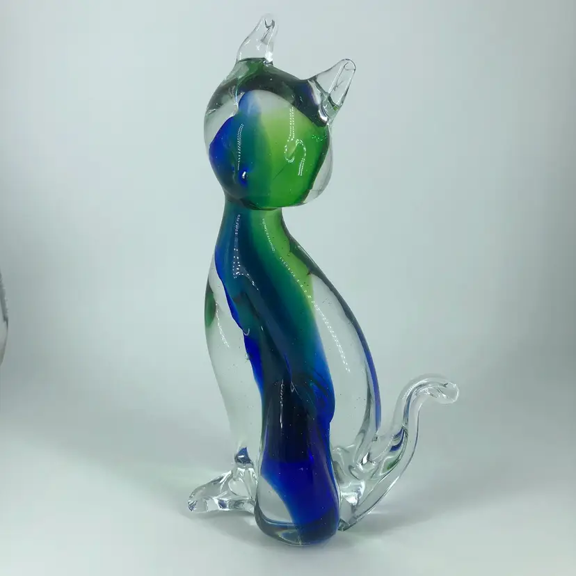 Murano Hand-Blown Art Glass Blue & Green Large Cat Figurine