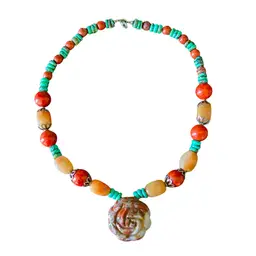 Hand Carved Stone Tibetan Rose Themed Pendant Amulet Vintage Necklace