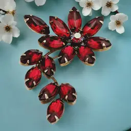 Vtg Ruby Red Navette Rhinestone Floral Spray Gold Tone Pin Brooch Estate